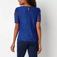 Liz Claiborne Womens Keyhole Neck Short Sleeve Lace Blouse