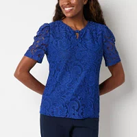 Liz Claiborne Womens Keyhole Neck Short Sleeve Lace Blouse