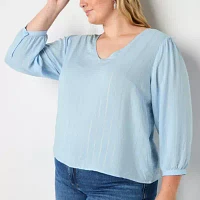 a.n.a Plus Womens Shine V Neck 3/4 Sleeve Blouse