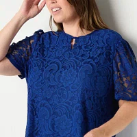 Liz Claiborne Plus Womens Keyhole Neck Short Sleeve Lace Blouse