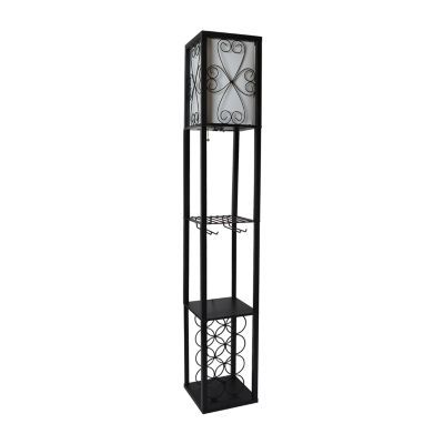 Simple Designs Floor Lamp Etagere Organizer Storage Shelf and Wine Rack with Linen Shade