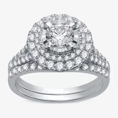 Signature By Modern Bride Womens 1 3/4 CT. T.W. Natural White Diamond 14K Gold Round Halo Bridal Set