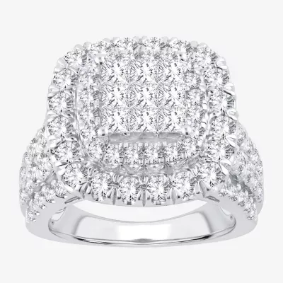 3 CT.T.W. Natural Diamond Cushion Shape Side Stone Halo Engagement Ring 10K or 14K White Gold