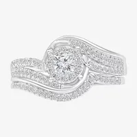 Womens 1/2 CT. T.W. Natural White Diamond Sterling Silver Round Halo Bypass  Bridal Set