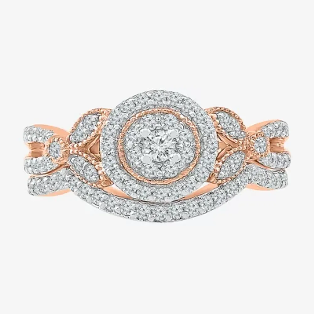 Womens 1/ CT. T.W. Natural White Diamond 10K Rose Gold Round Side Stone Halo Bridal Set