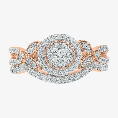 Womens 1/ CT. T.W. Natural White Diamond 10K Rose Gold Round Side Stone Halo Bridal Set