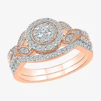 Womens 1/ CT. T.W. Natural White Diamond 10K Rose Gold Round Side Stone Halo Bridal Set