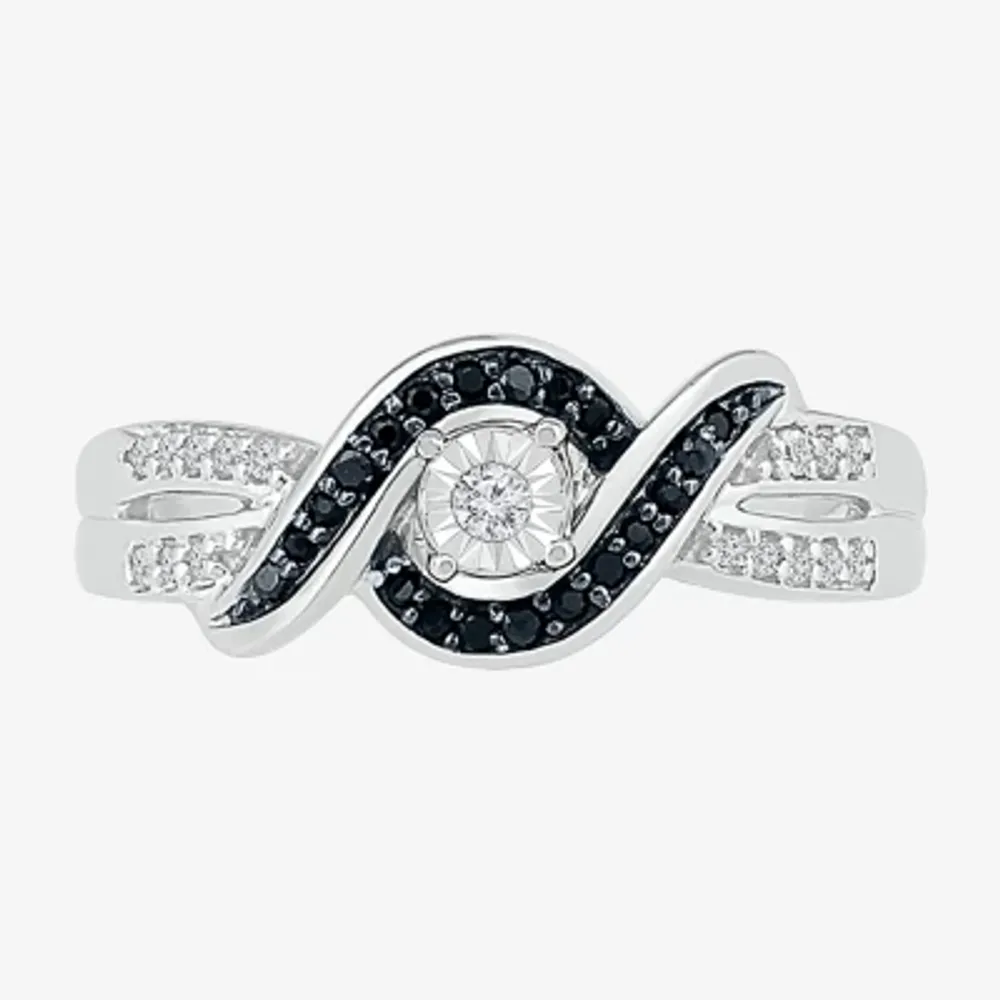 Promise My Love Womens 1/5 CT. Natural Black Diamond Sterling Silver Round Crossover Side Stone Ring