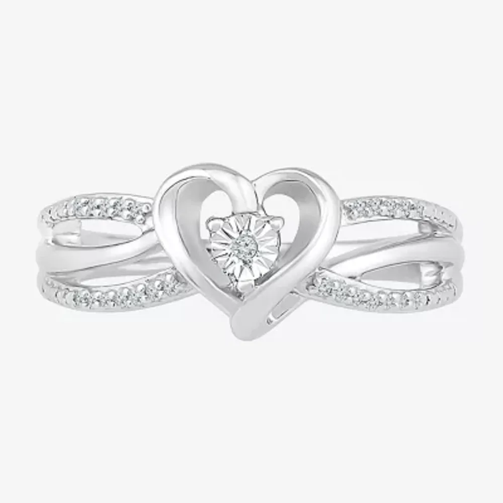 Promise My Love Womens Diamond Accent Natural White Sterling Silver Heart Side Stone Ring