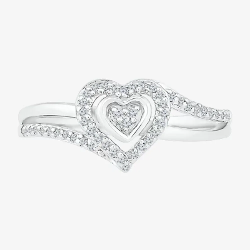 Promise My Love Womens 1/6 CT. T.W. Natural White Diamond Sterling Silver Heart Side Stone Halo Ring