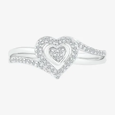 Promise My Love Womens 1/6 CT. T.W. Natural White Diamond Sterling Silver Heart Side Stone Halo Ring