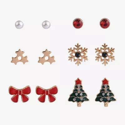 Arizona 6 Pair Simulated Pearl Bow Snowflake Earring Set