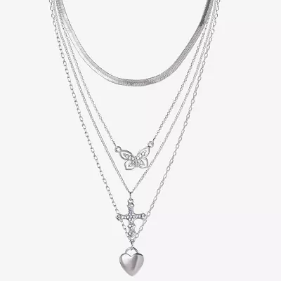 JS Jessica Simpson Silver Tone Glass 20 Inch Fashion Butterfly Cross Heart Strand Necklace