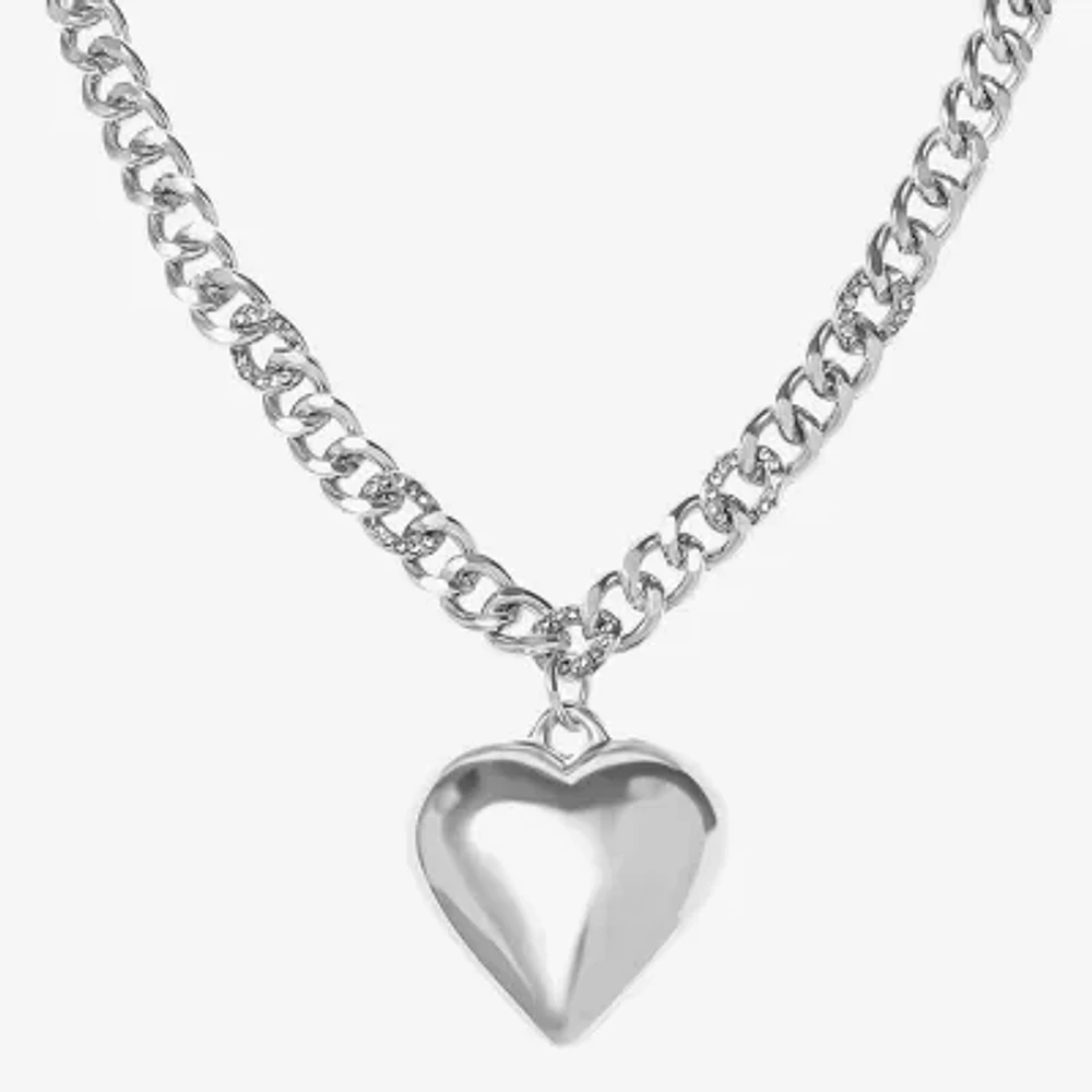 JS Jessica Simpson Silver Tone 16 Inch Curb Heart Pendant Necklace