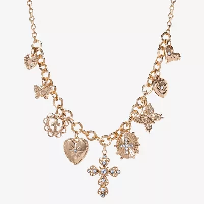 JS Jessica Simpson Gold Tone Glass 18 1/2 Inch Fashion Butterfly Cross Heart Statement Necklace