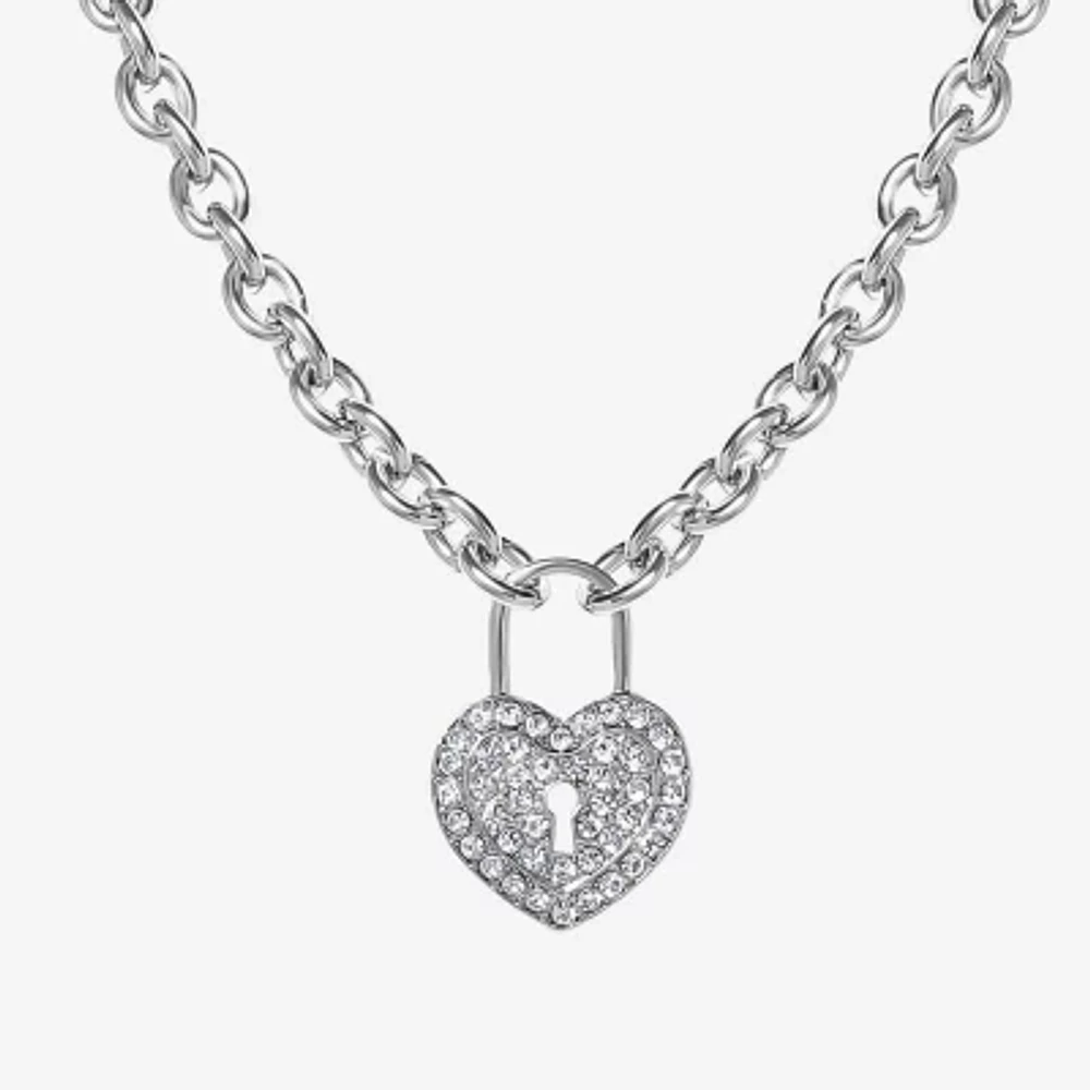 JS Jessica Simpson Silver Tone Glass 17 Inch Link Heart Pendant Necklace