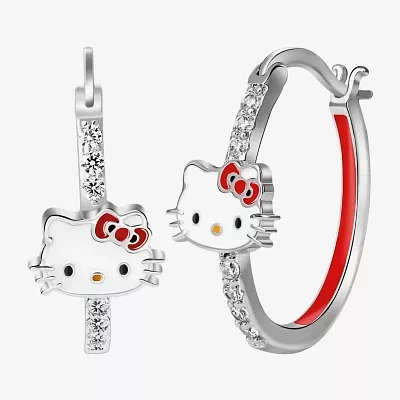 Cubic Zirconia Pure Silver Over Brass Hello Kitty Hoop Earrings