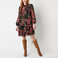 Maia Womens Long Sleeve Floral Shift Dress