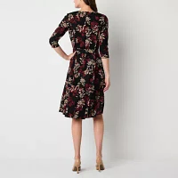 Perceptions Womens 3/4 Sleeve Scroll Fit + Flare Dress