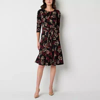 Perceptions Womens 3/4 Sleeve Scroll Fit + Flare Dress