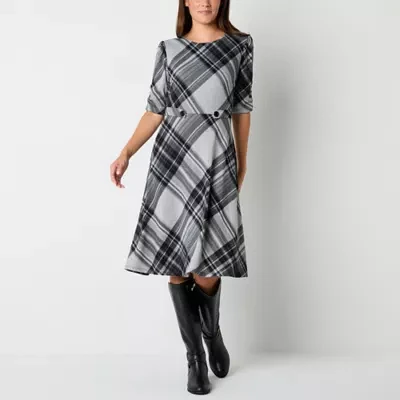 R & K Originals Womens 3/4 Sleeve Plaid Fit + Flare Dress