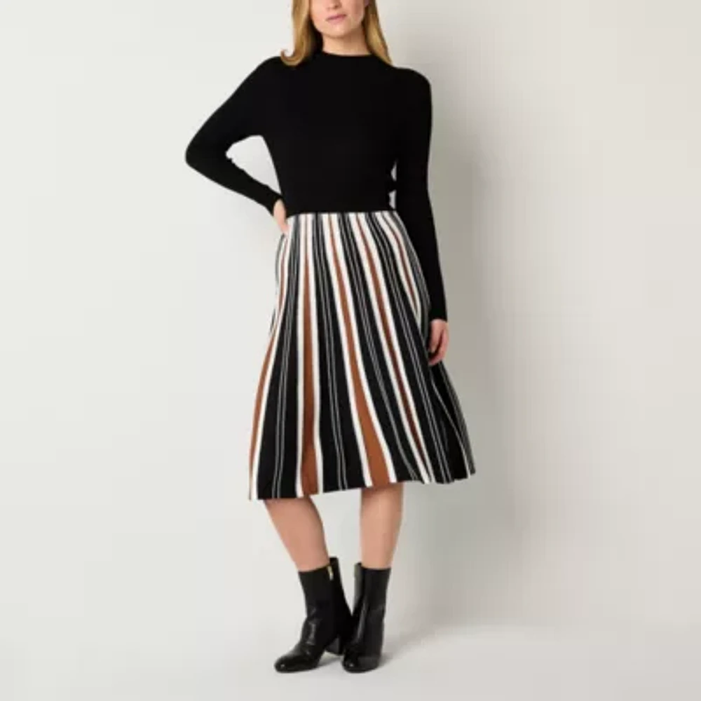 Robbie Bee Womens Long Sleeve Striped Midi Sweater Dress