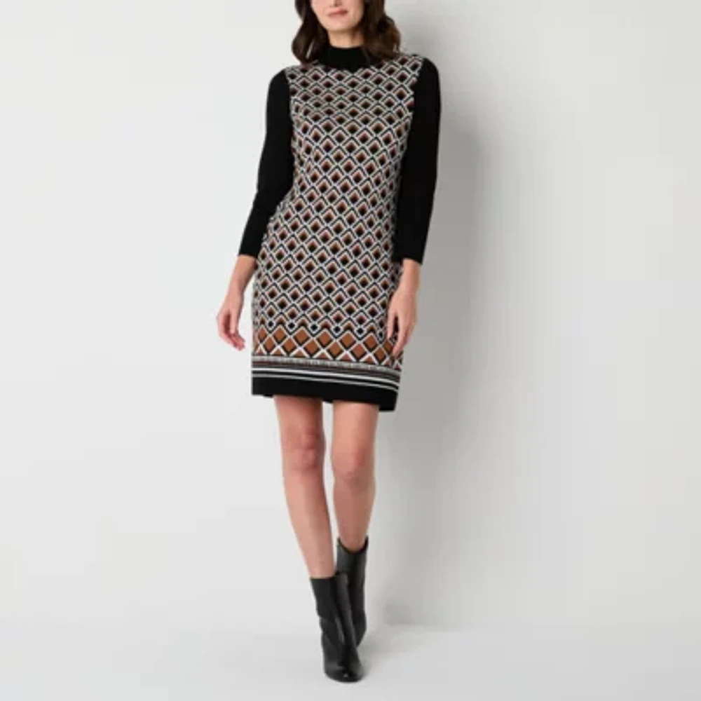 Robbie Bee Womens 3/4 Sleeve Geometric Midi Sweater Dress