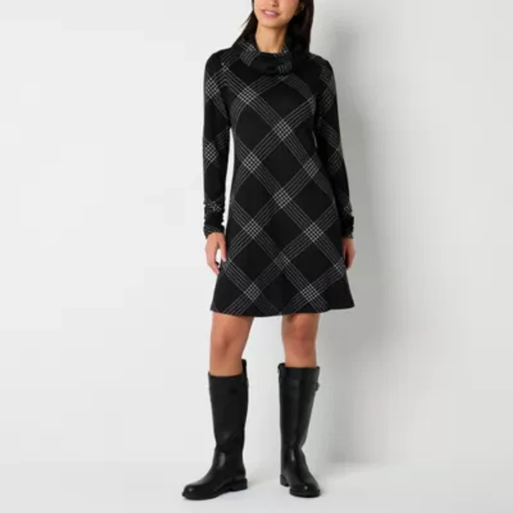 R & K Originals Womens Long Sleeve Plaid Shift Dress