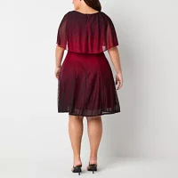 Danny & Nicole Womens Short Sleeve Ombre Cape Fit + Flare Dress Plus