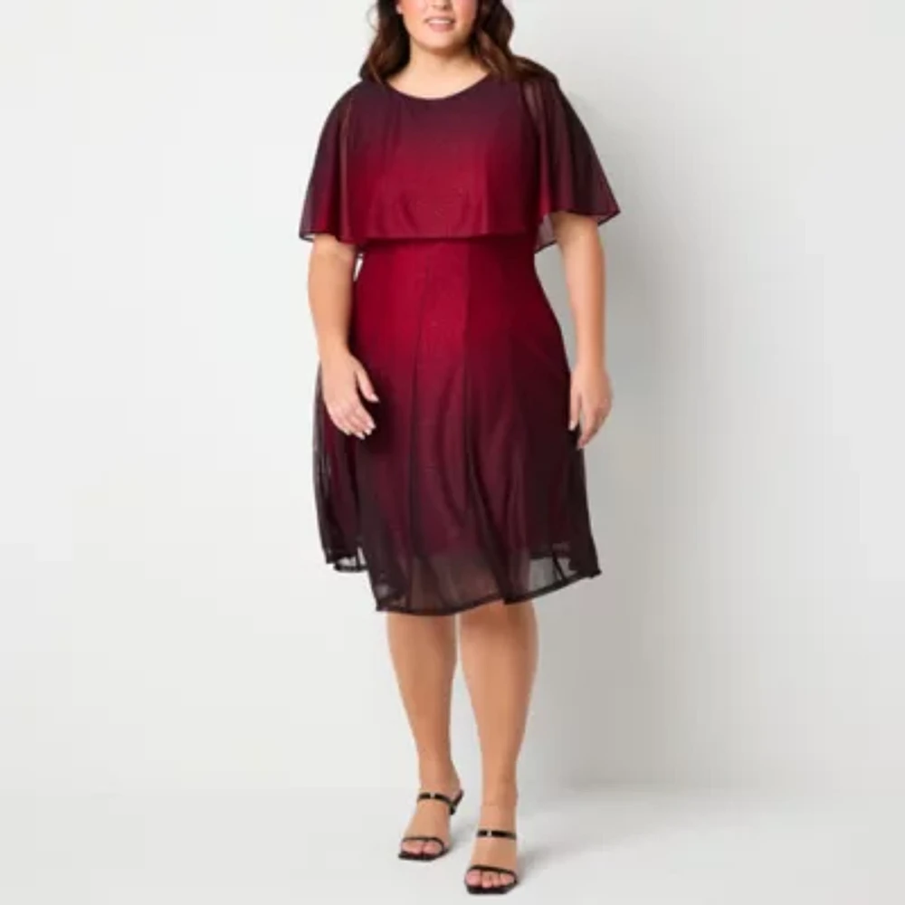 Danny & Nicole Womens Short Sleeve Ombre Cape Fit + Flare Dress Plus