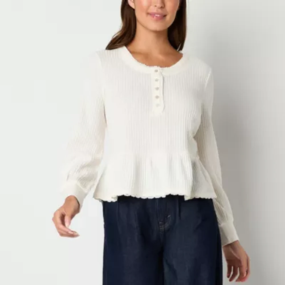 Frye and Co. Waffle Womens Split Crew Neck Long Sleeve Blouse