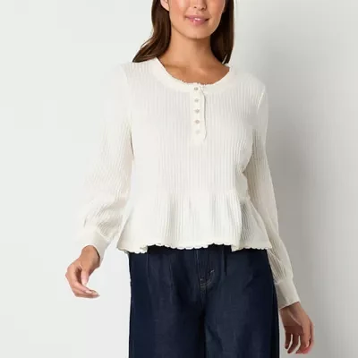 Frye and Co. Waffle Womens Split Crew Neck Long Sleeve Peplum Top