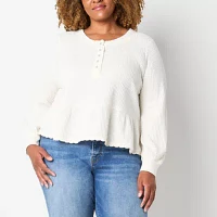 Frye and Co. Plus Waffle Womens Split Crew Neck Long Sleeve Blouse