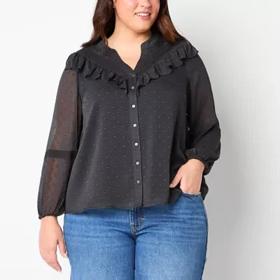 Frye and Co. Plus Womens Split Crew Neck Long Sleeve Blouse