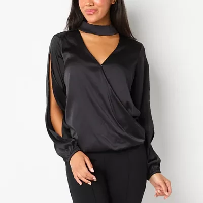 Bold Elements Womens V Neck Long Sleeve Satin Blouse