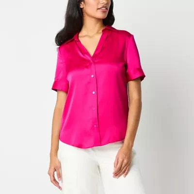 Worthington Womens Short Sleeve Satin Blouse