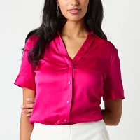 Worthington Womens Short Sleeve Satin Blouse