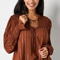 a.n.a Womens Shine Split Tie Neck Long Sleeve Blouse