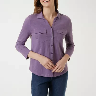 Gloria Vanderbilt Womens 3/4 Sleeve Regular Fit Button-Down Shirt