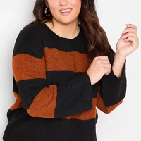 Worthington Plus Womens Crew Neck Long Sleeve Striped Pullover Sweater