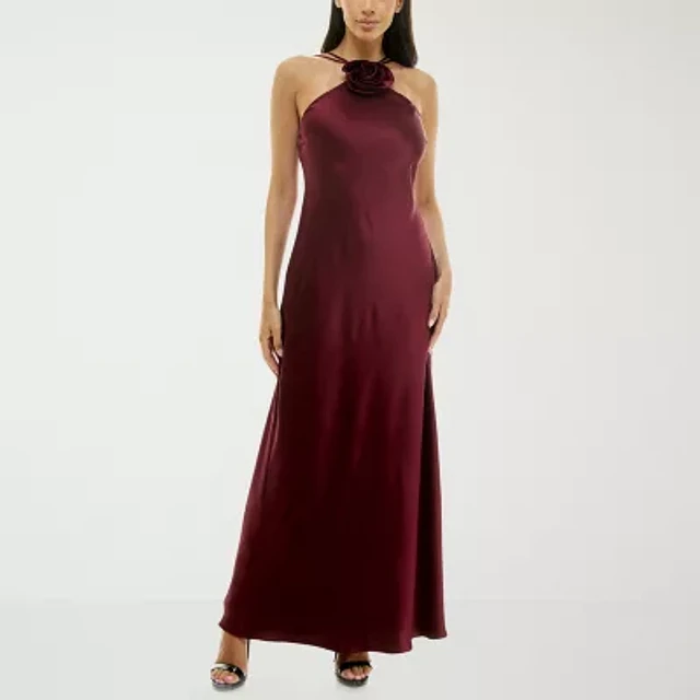strapless open back dress Red Satin A-Line Prom Dresses 2025 with Wide Strap & 3D Flower – FD520 –  Viniodress main image 1