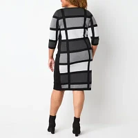 Danny & Nicole Womens 3/4 Sleeve Windowpane Sweater Dress Plus