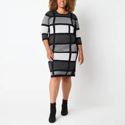 Danny & Nicole Womens 3/4 Sleeve Windowpane Sweater Dress Plus