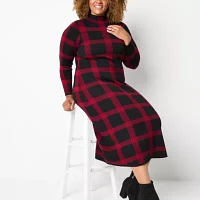 Danny & Nicole Womens Long Sleeve Windowpane Midi Sweater Dress Plus