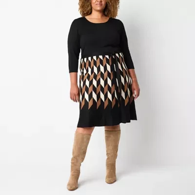 Danny & Nicole Womens 3/4 Sleeve Belted Geometric Sweater Dress Plus