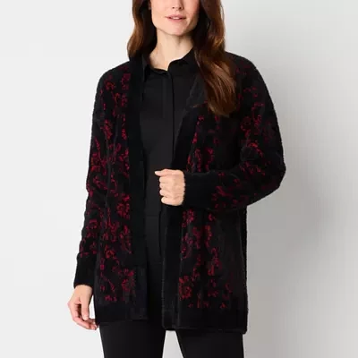 Liz Claiborne Womens Long Sleeve Open Front Scroll Cardigan