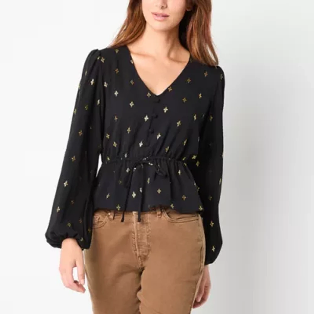 a.n.a Womens V Neck Shine Long Sleeve Blouse