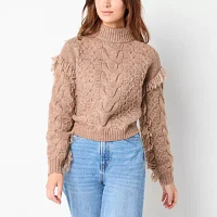 a.n.a Womens Mock Neck Long Sleeve Cable Knit Fringe Pullover Sweater