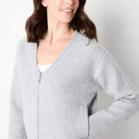 Stylus Womens V Neck Long Sleeve Open Front Zipper Cardigan