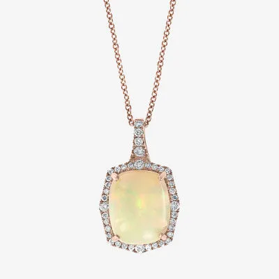 Effy Womens 1/4 CT. T.W. Diamond & Genuine White Opal 14K Rose Gold Pendant Necklace